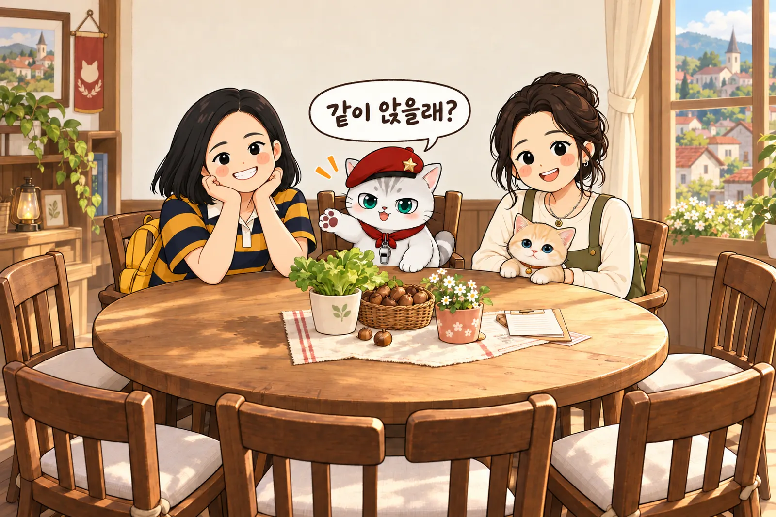 마을 회관 탁자에 빈 의자가 놓여 있어요