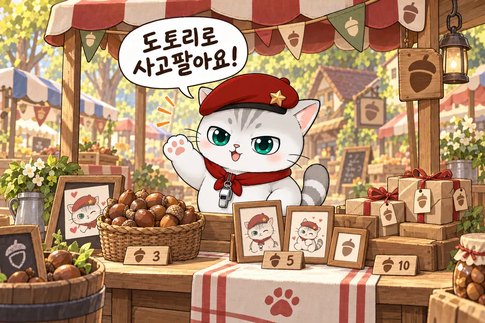 뽀야가 플리마켓 가판대에서 「도토리로 사고팔아요!」 팻말을 들고 있는 그림