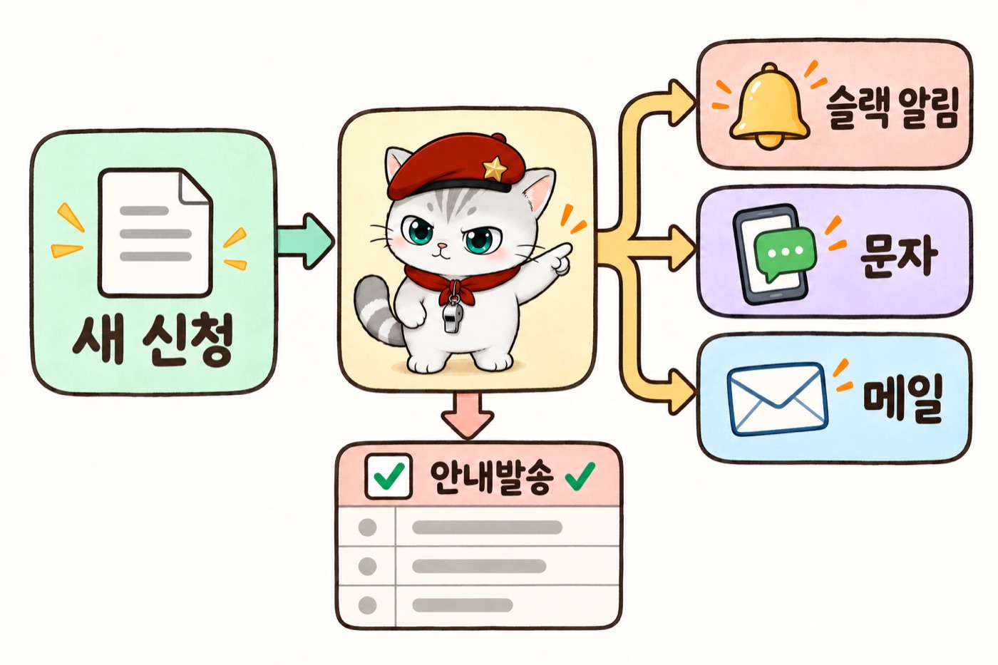 새 신청 → 슬랙 알림·문자·메일, 안내발송 체크