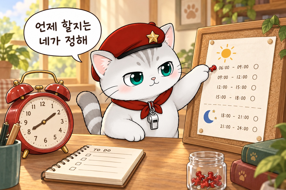 알람시계와 일정표를 보는 뽀야