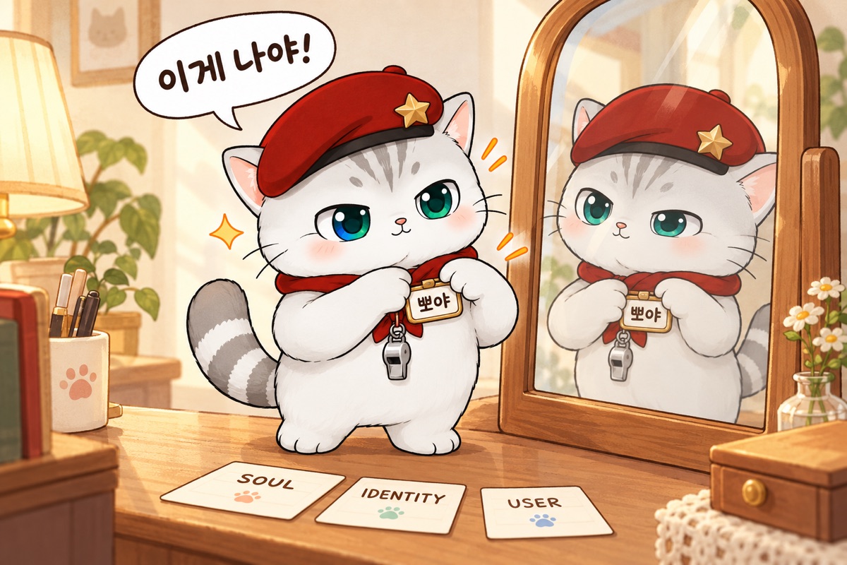 거울 앞에서 명찰을 다는 뽀야